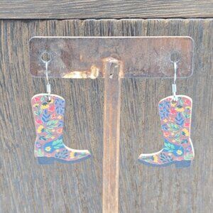 NWT Floral Cowgirl Boots Earrings Cowboy Western Country Girl Wood Dangle Drop